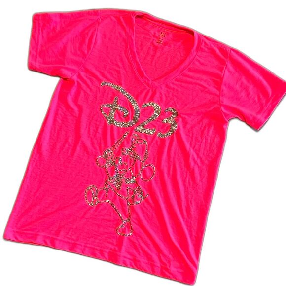 D23 Disney Mickey Mouse band leader glitter design pink v-neck T-shirt Small EUC - Picture 1 of 10